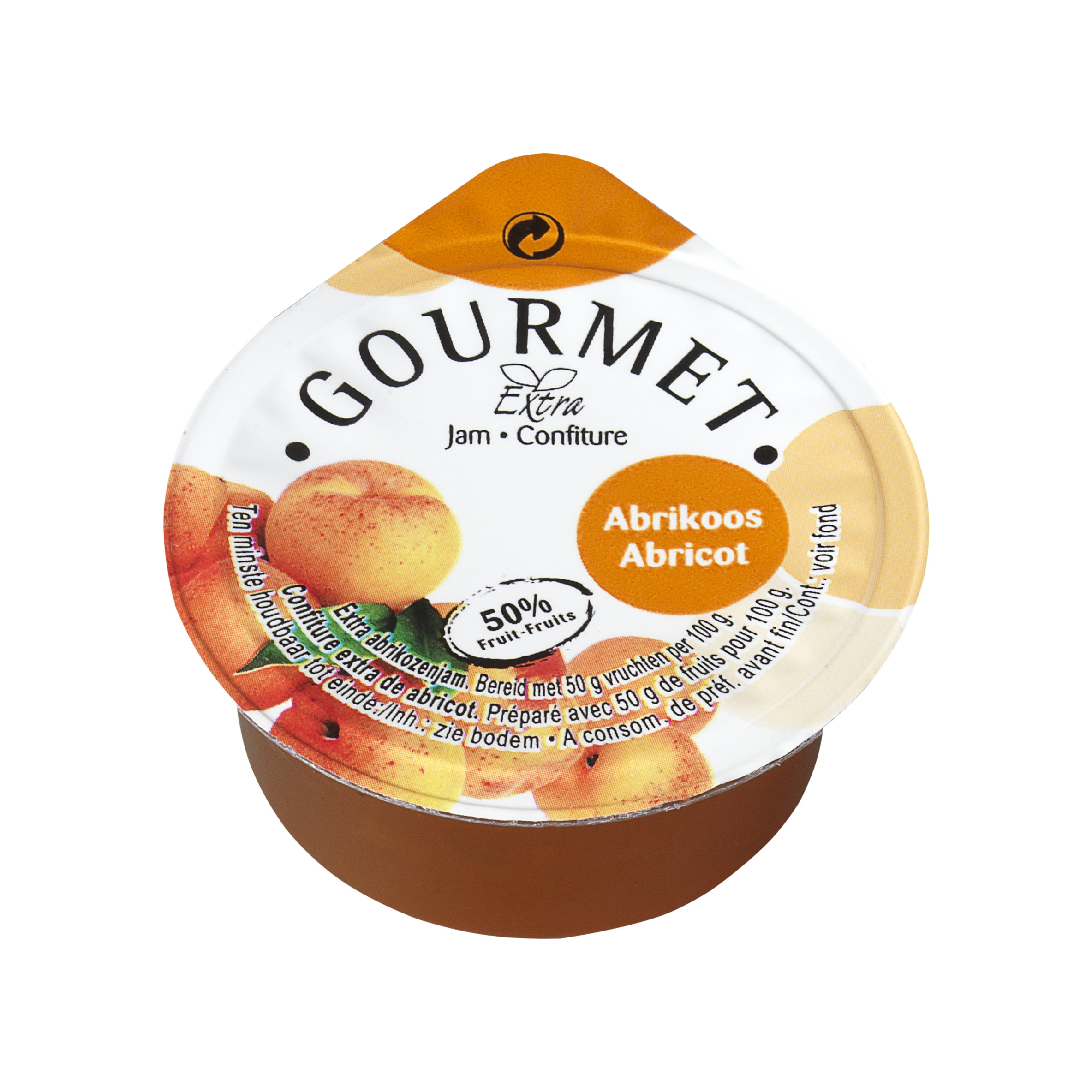Automatisering bruiloft D.w.z Confituur Porties abrikozen 50% fruit in cups 100x25gr Gourmet Online Kopen  - Nevejan